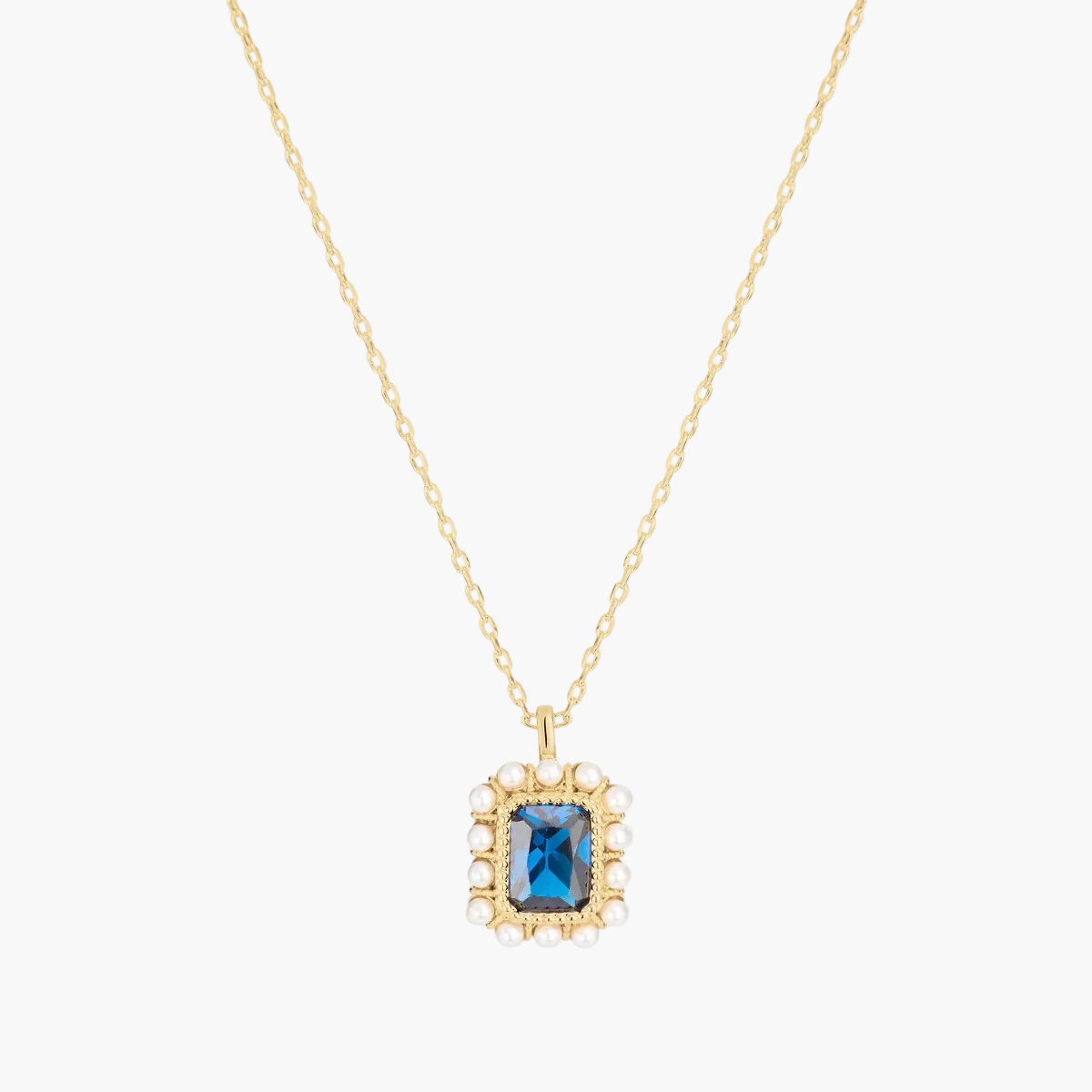 Collar Dije Rectangular Azul con Zirconia Cúbica + Detalles Perla