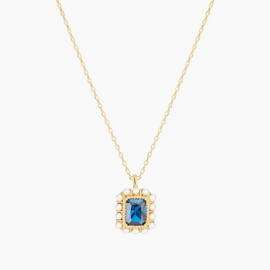 Collar Dije Rectangular Azul con Zirconia Cúbica + Detalles Perla